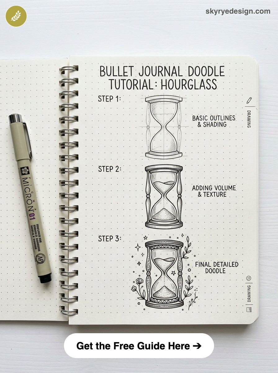 bujo-doodle-Hourglass Bullet journal hourglass doodle tutorial in dotted spiral notebook showing step 1-3 with Micron pen, final decorated sketch | Sky Rye Design Bullet journal hourglass doodle tutorial in dotted spiral notebook showing step 1-3 with Micron pen, final decorated sketch