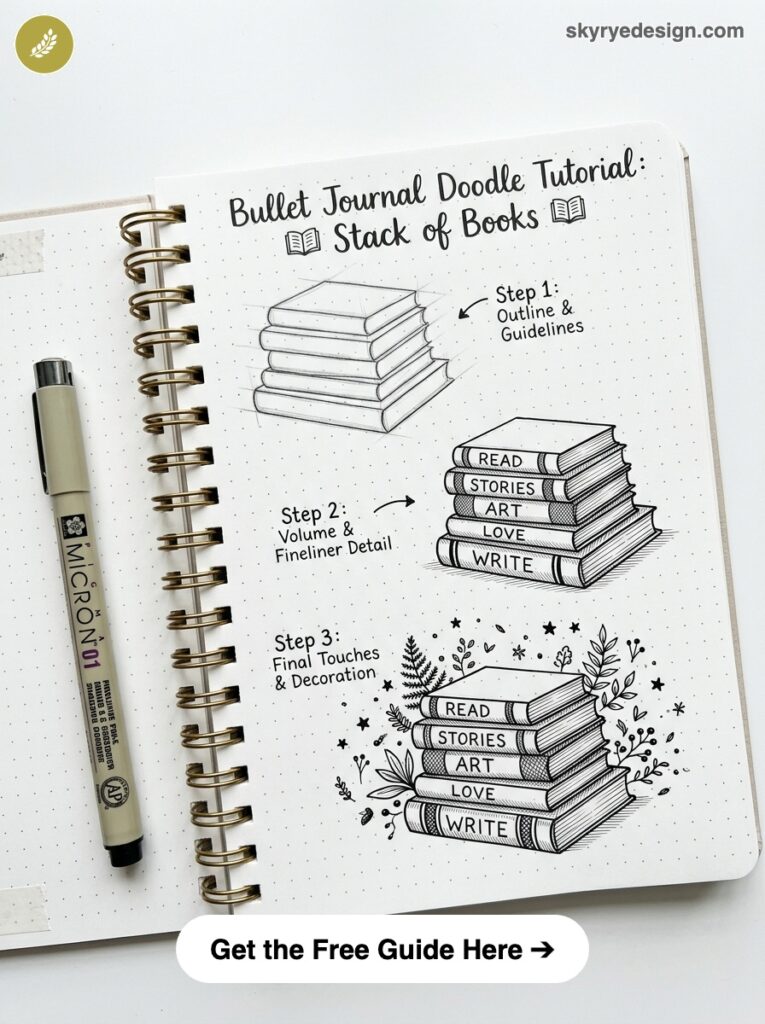 bujo-doodle-Stack-of-Books Bullet journal tutorial showing step-by-step doodles of a stack of books with pen, labeled spines and decorative foliage | Sky Rye Design Bullet journal tutorial showing step-by-step doodles of a stack of books with pen, labeled spines and decorative foliage