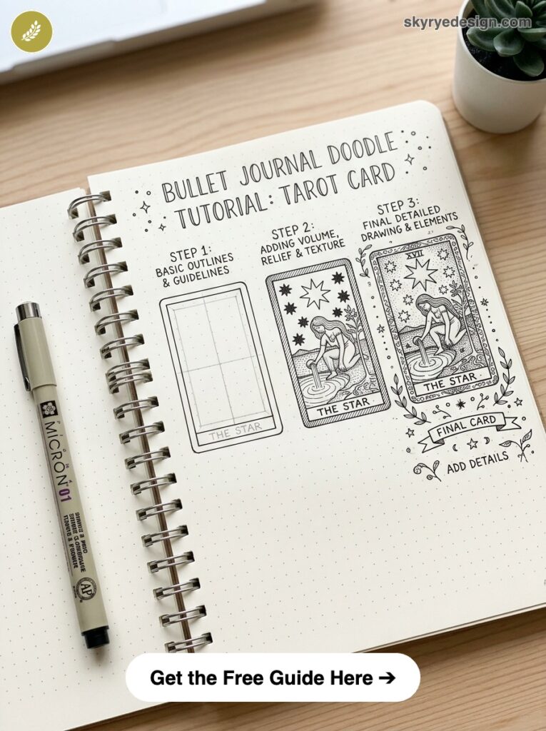 bujo-doodle-Tarot-Card Bullet journal doodle tutorial showing step-by-step tarot card The Star sketches in dotted notebook with pen | Sky Rye Design Bullet journal doodle tutorial showing step-by-step tarot card The Star sketches in dotted notebook with pen