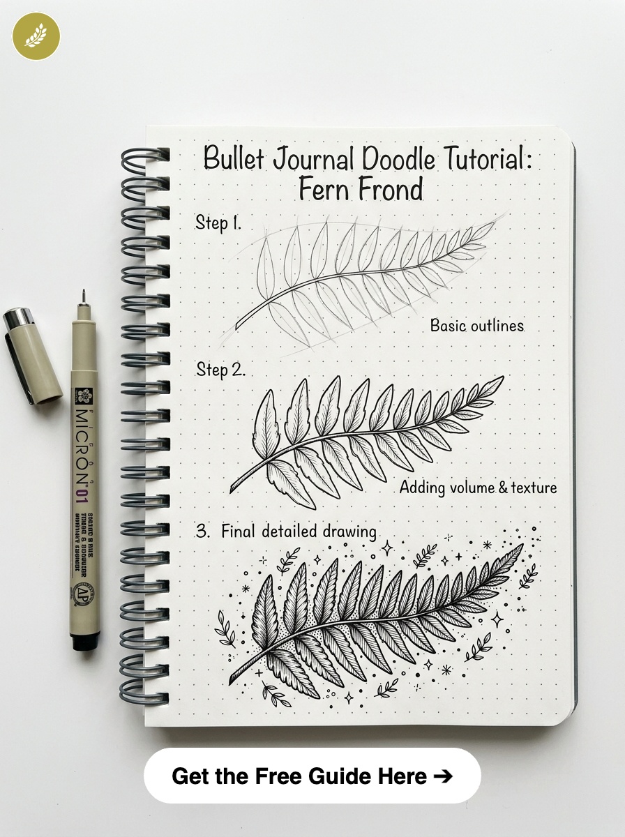 bujo-doodle-Fern-Frond Bullet journal fern doodle tutorial in dotted spiral notebook with Micron pen — step-by-step fern sketches, final frond | Sky Rye Design Bullet journal fern doodle tutorial in dotted spiral notebook with Micron pen — step-by-step fern sketches, final frond