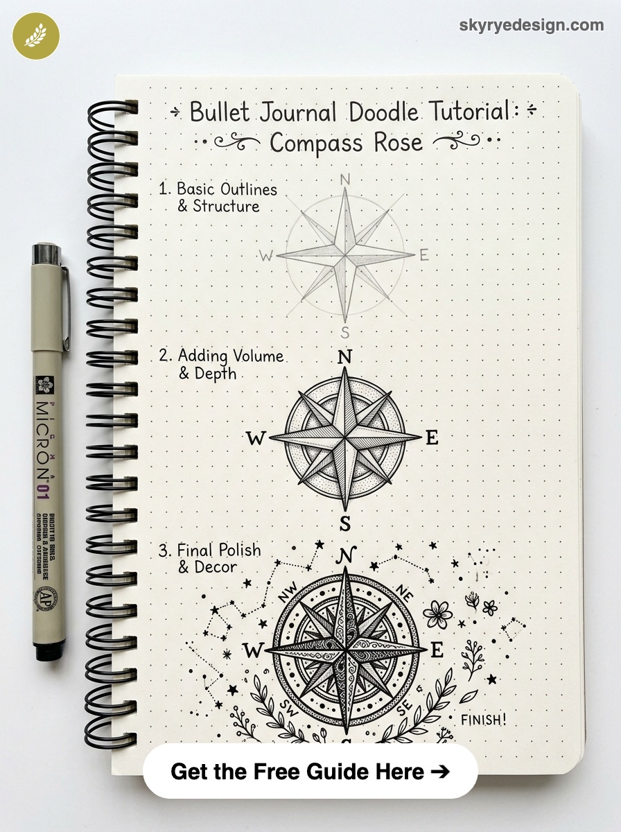 bujo-doodle-Compass-Rose Bullet journal compass rose tutorial: step-by-step doodle in dotted notebook with pen and ornate final design | Sky Rye Design Bullet journal compass rose tutorial: step-by-step doodle in dotted notebook with pen and ornate final design