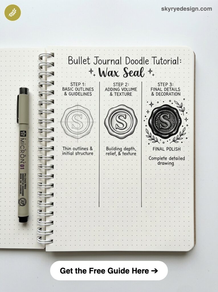 bujo-doodle-Wax-Seal Bullet journal wax seal doodle tutorial in dotted notebook showing 3 step sketches with pen | Sky Rye Design Bullet journal wax seal doodle tutorial in dotted notebook showing 3 step sketches with pen