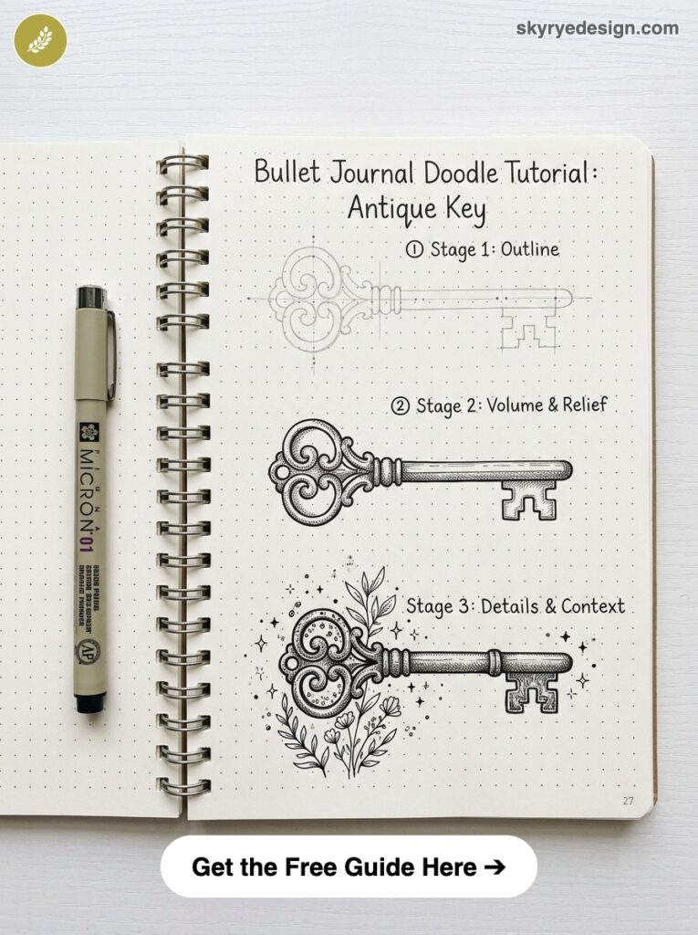 bujo-doodle-Antique-Key Step-by-step bullet journal doodle: antique key sketches at three stages in dotted notebook with pen | Sky Rye Design Step-by-step bullet journal doodle: antique key sketches at three stages in dotted notebook with pen