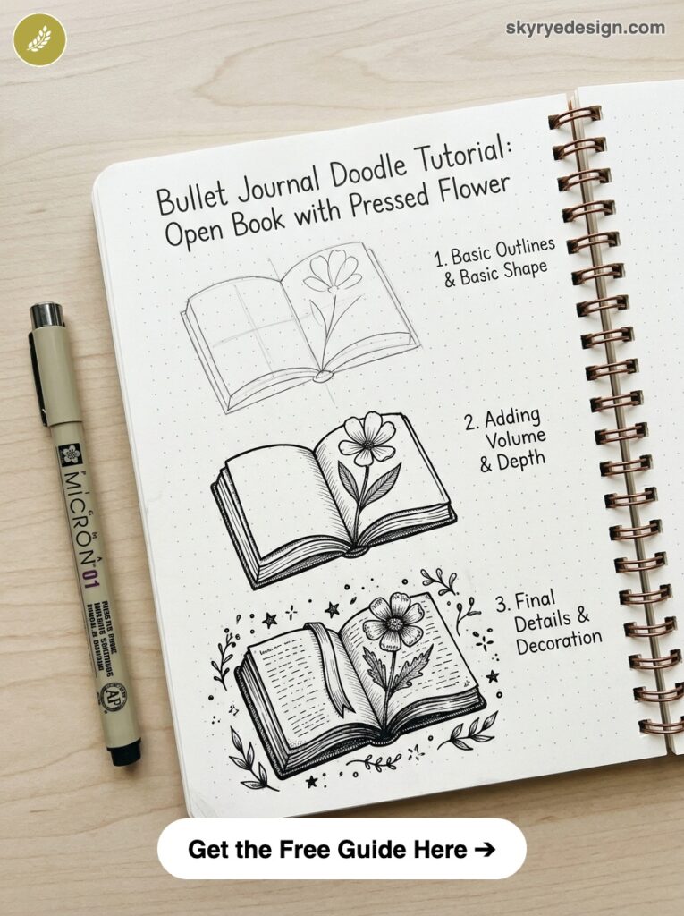 bujo-doodle-Open-Book-with-Pressed-Flower Bullet journal doodle tutorial of an open book with pressed flower — three step sketches on a dotted spiral notebook. | Sky Rye Design Bullet journal doodle tutorial of an open book with pressed flower — three step sketches on a dotted spiral notebook.