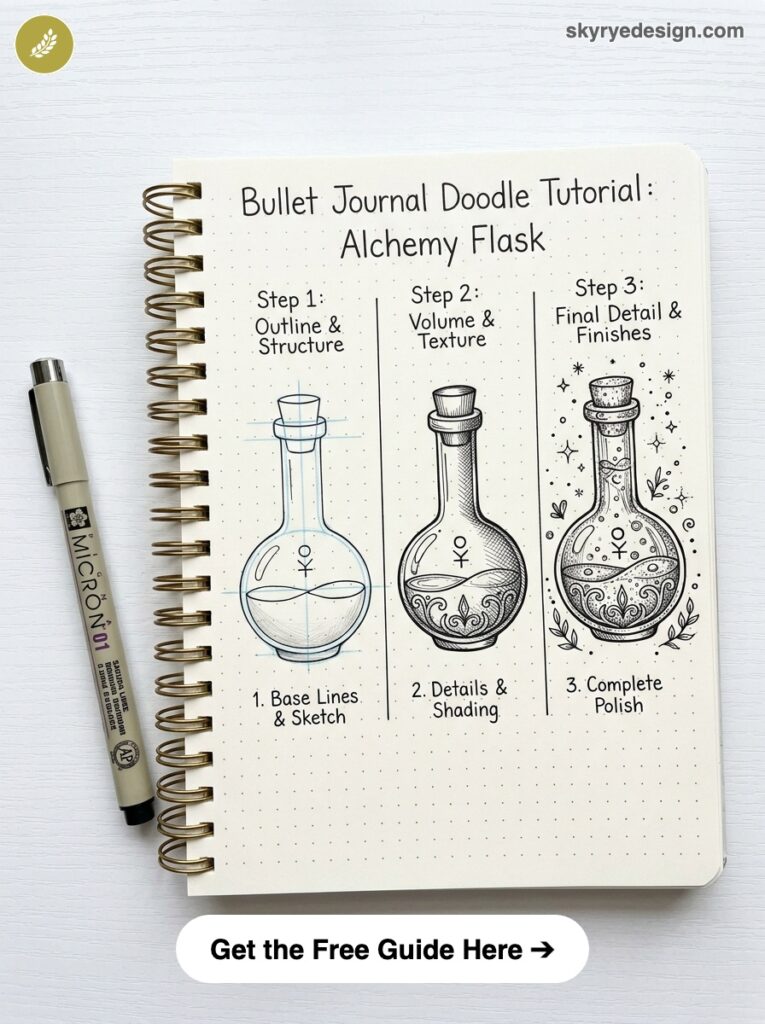 bujo-doodle-Alchemy-Flask Bullet journal doodle tutorial: step-by-step alchemy flask drawings — base sketch, shading, final details | Sky Rye Design Bullet journal doodle tutorial: step-by-step alchemy flask drawings — base sketch, shading, final details