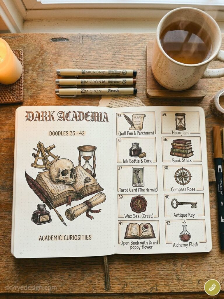 how-to-draw-additional-content-visual 87 Dark Academia bullet journal spread with doodles: skull on book, quill & ink, hourglass, bookstack, wax seal, pens & tea | Sky Rye Design Dark Academia bullet journal spread with doodles: skull on book, quill & ink, hourglass, bookstack, wax seal, pens & tea
