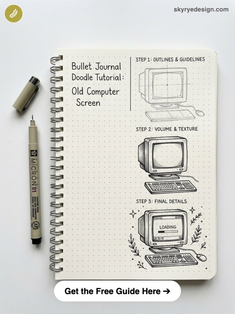 bujo-doodle-Old-Computer-Screen Bullet journal doodle tutorial showing step-by-step sketches of an old computer monitor, keyboard and mouse beside a pen. | Sky Rye Design Bullet journal doodle tutorial showing step-by-step sketches of an old computer monitor, keyboard and mouse beside a pen.