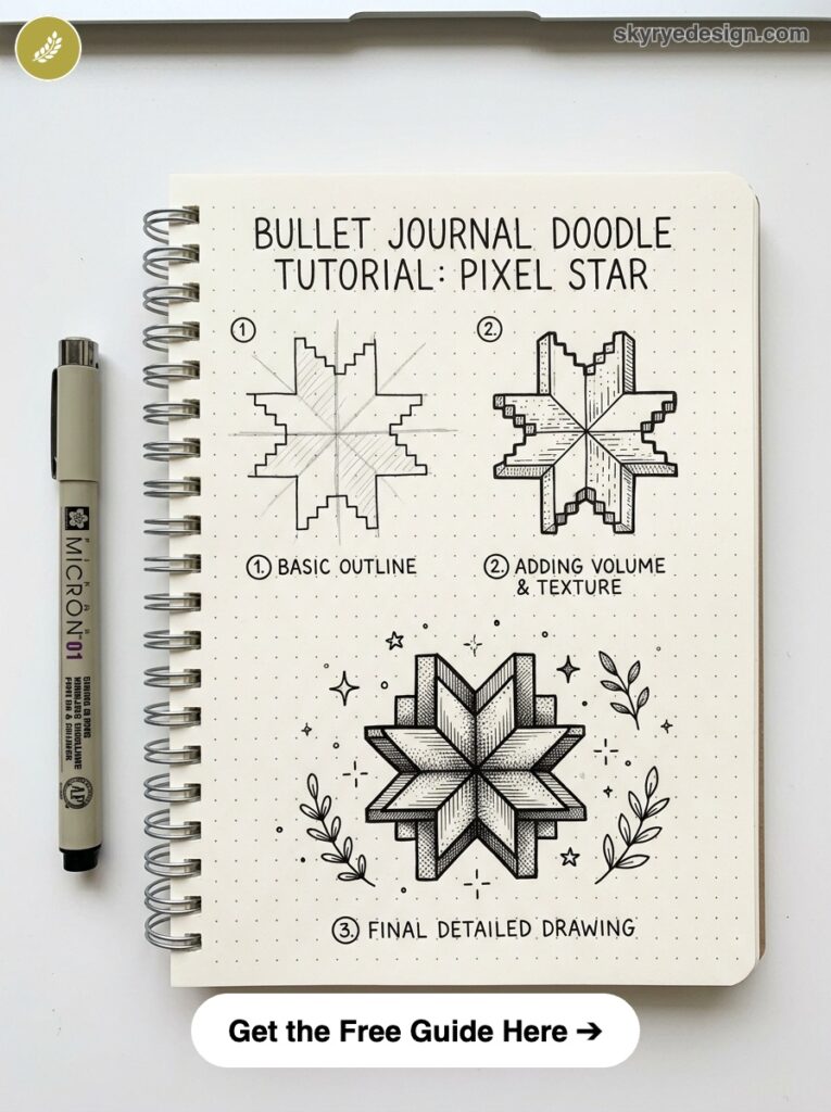 bujo-doodle-Pixel-Star Bullet journal doodle tutorial: step-by-step pixel star drawing in dotted notebook with pen, showing three stages | Sky Rye Design Bullet journal doodle tutorial: step-by-step pixel star drawing in dotted notebook with pen, showing three stages