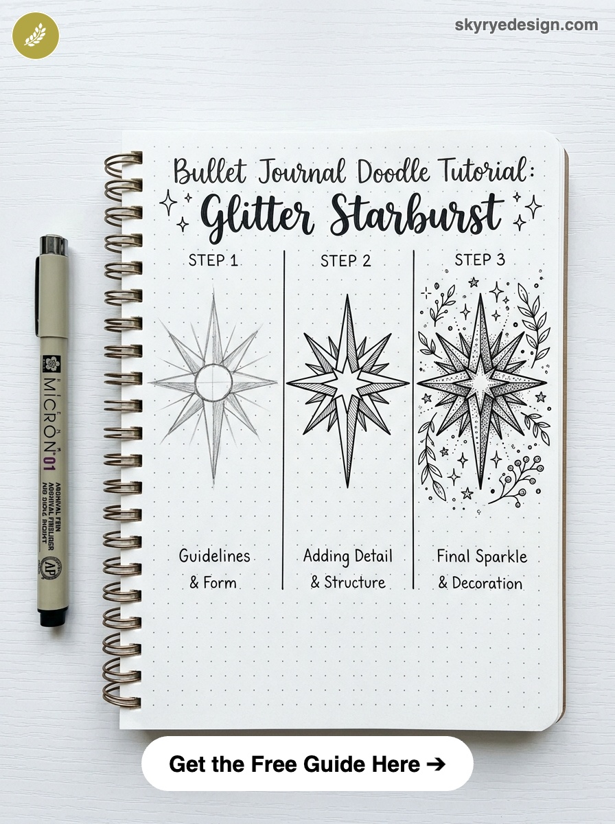 bujo-doodle-Glitter-Starburst Bullet journal doodle tutorial Glitter Starburst showing steps 1-3 starburst drawings in a spiral notebook with pen | Sky Rye Design Bullet journal doodle tutorial Glitter Starburst showing steps 1-3 starburst drawings in a spiral notebook with pen