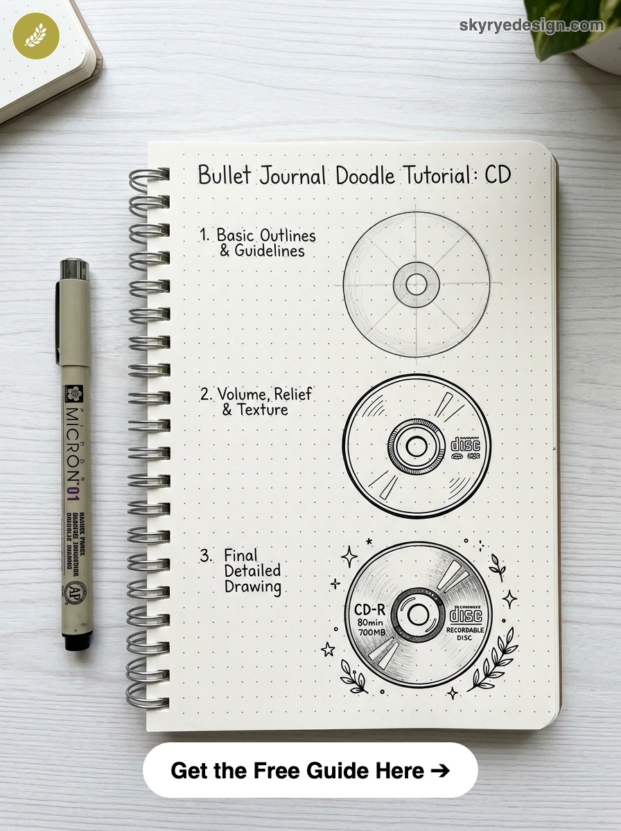 bujo-doodle-CD Bullet journal doodle tutorial: step-by-step CD drawing on dotted spiral notebook with Micron pen | Sky Rye Design Bullet journal doodle tutorial: step-by-step CD drawing on dotted spiral notebook with Micron pen