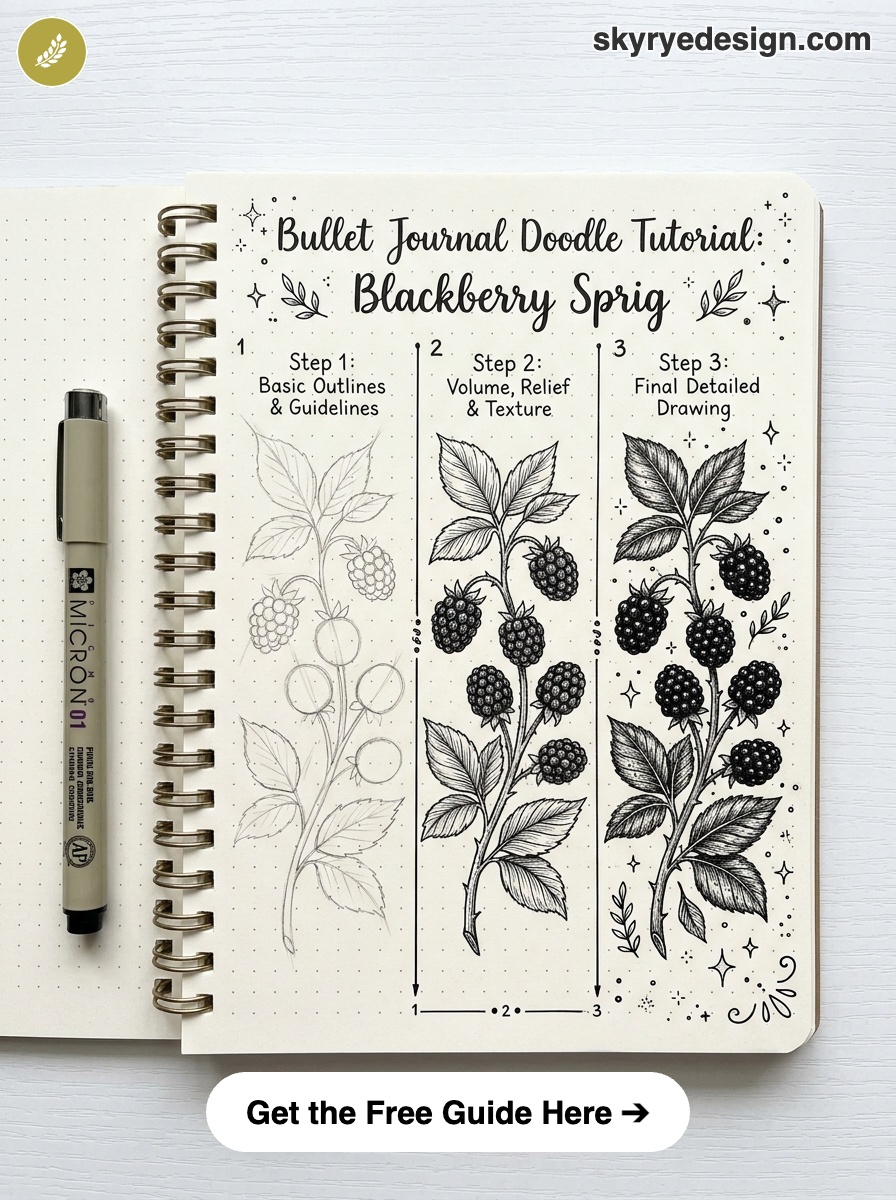 bujo-doodle-Blackberry-Sprig Bullet journal doodle tutorial showing step-by-step blackberry sprig drawing in dot-grid notebook with pen | Sky Rye Design Bullet journal doodle tutorial showing step-by-step blackberry sprig drawing in dot-grid notebook with pen