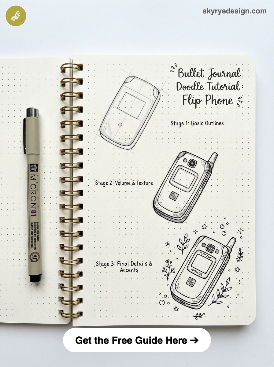 bujo-doodle-Flip-Phone Bullet journal doodle flip phone tutorial: step-by-step outlines, volume and final details in dotted notebook with pen | Sky Rye Design Bullet journal doodle flip phone tutorial: step-by-step outlines, volume and final details in dotted notebook with pen