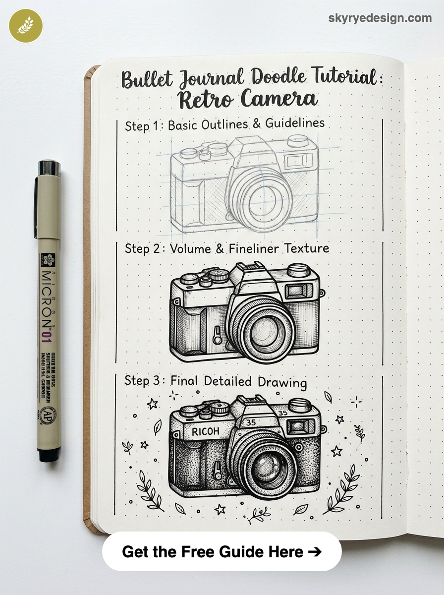 bujo-doodle-Retro-Camera Bullet journal retro camera doodle tutorial in three steps, pen on left, step-by-step sketches with final detailed camera | Sky Rye Design Bullet journal retro camera doodle tutorial in three steps, pen on left, step-by-step sketches with final detailed camera