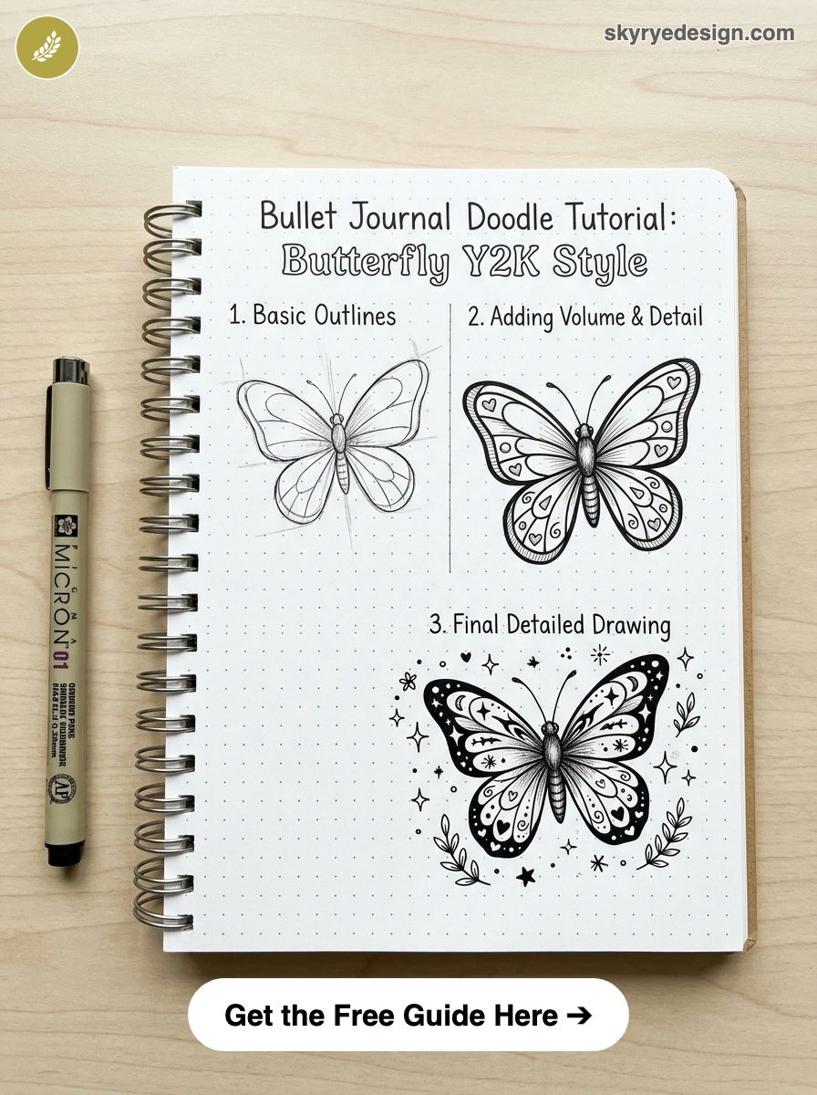bujo-doodle-Butterfly-Y2K-Style Bullet journal butterfly doodle Y2K style in spiral notebook showing 3 steps: outlines, volume, final detailed drawing | Sky Rye Design Bullet journal butterfly doodle Y2K style in spiral notebook showing 3 steps: outlines, volume, final detailed drawing
