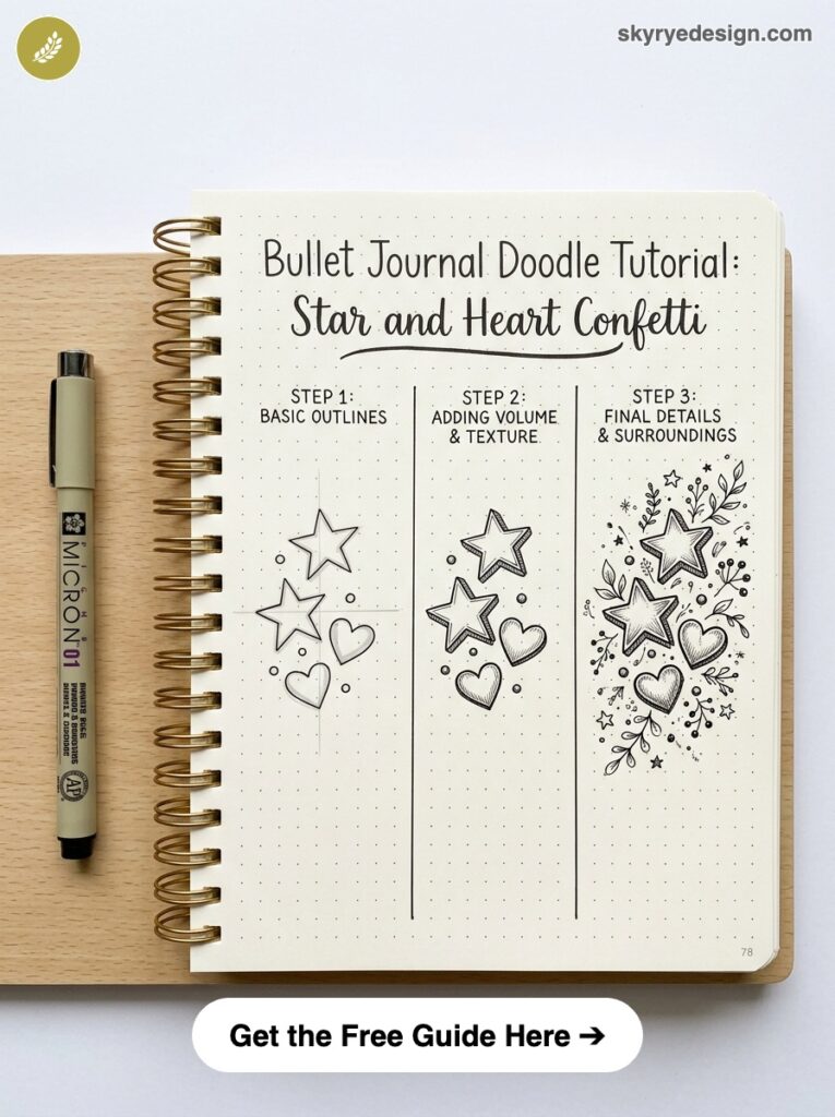 bujo-doodle-Star-and-Heart-Confetti Bullet journal doodle tutorial: step-by-step star and heart confetti sketches on a dotted notebook with pen | Sky Rye Design Bullet journal doodle tutorial: step-by-step star and heart confetti sketches on a dotted notebook with pen