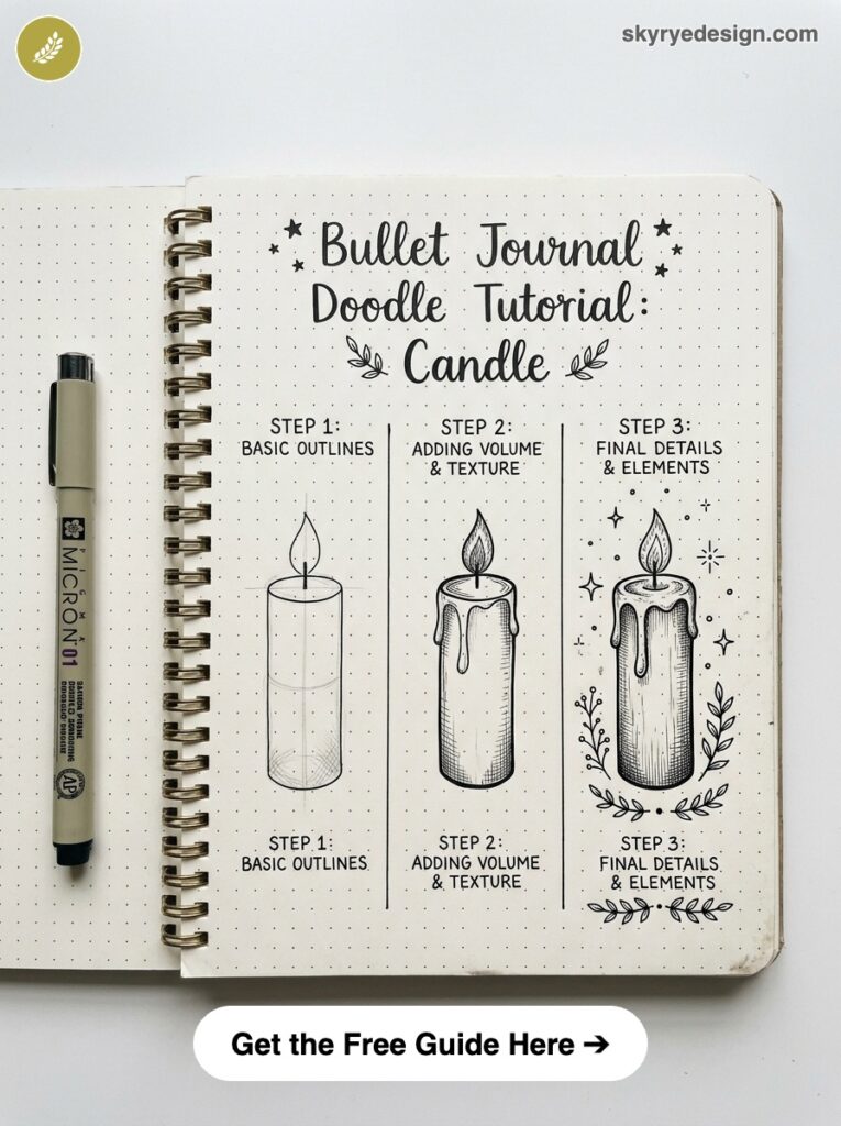 bujo-doodle-Candle Bullet journal doodle tutorial: three step-by-step candle drawings in dotted notebook with pen | Sky Rye Design Bullet journal doodle tutorial: three step-by-step candle drawings in dotted notebook with pen