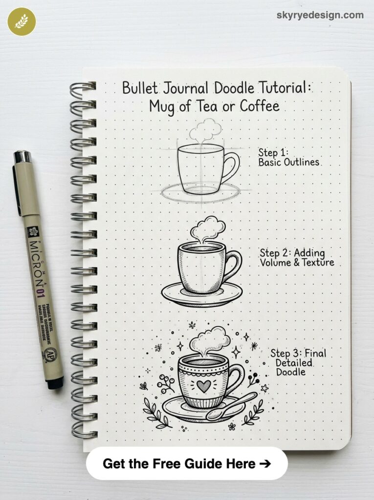 bujo-doodle-Mug-of-Tea-or-Coffee Bullet journal doodle tutorial: step-by-step hand-drawn mug of tea or coffee in dotted notebook with pen | Sky Rye Design Bullet journal doodle tutorial: step-by-step hand-drawn mug of tea or coffee in dotted notebook with pen