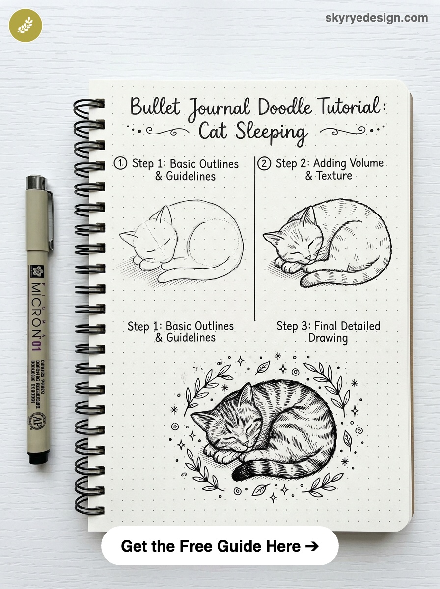 bujo-doodle-Cat-Sleeping Bullet journal sleeping cat doodle tutorial: step-by-step outlines to final detailed drawing in dotted notebook with pen | Sky Rye Design Bullet journal sleeping cat doodle tutorial: step-by-step outlines to final detailed drawing in dotted notebook with pen