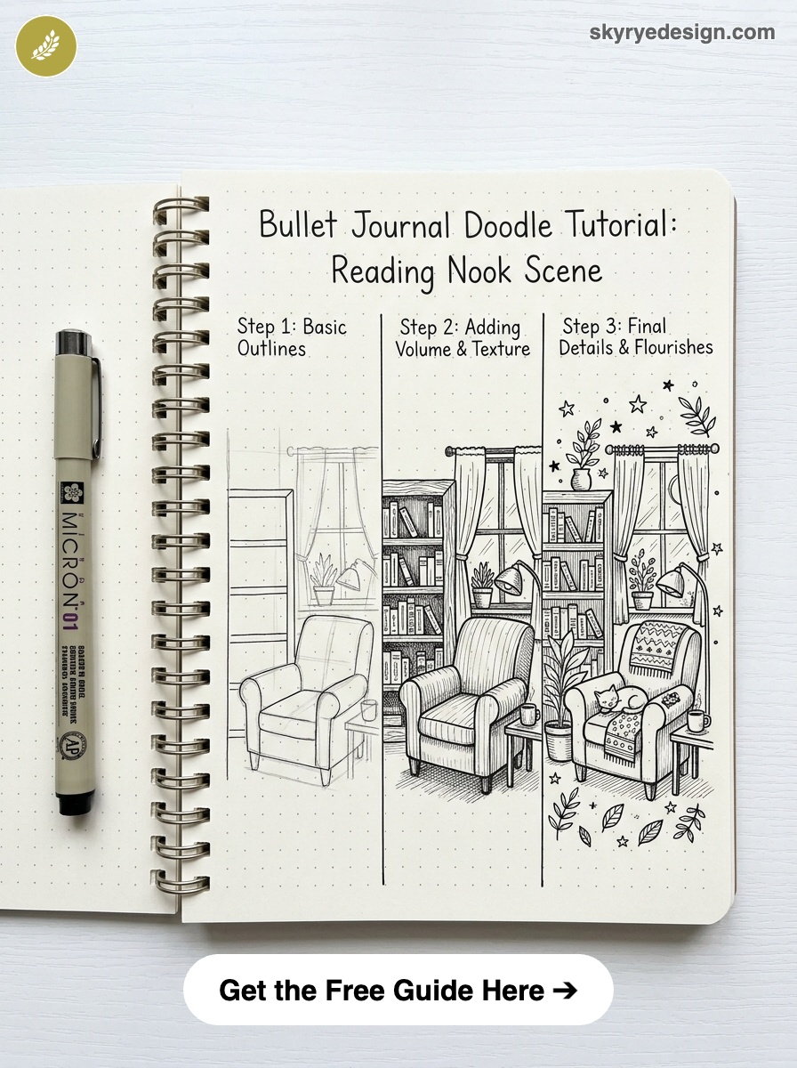 bujo-doodle-Reading-Nook-Scene Bullet journal doodle tutorial: three-step reading nook scene with armchair, bookshelf, lamp, plants, and cozy details | Sky Rye Design Bullet journal doodle tutorial: three-step reading nook scene with armchair, bookshelf, lamp, plants, and cozy details
