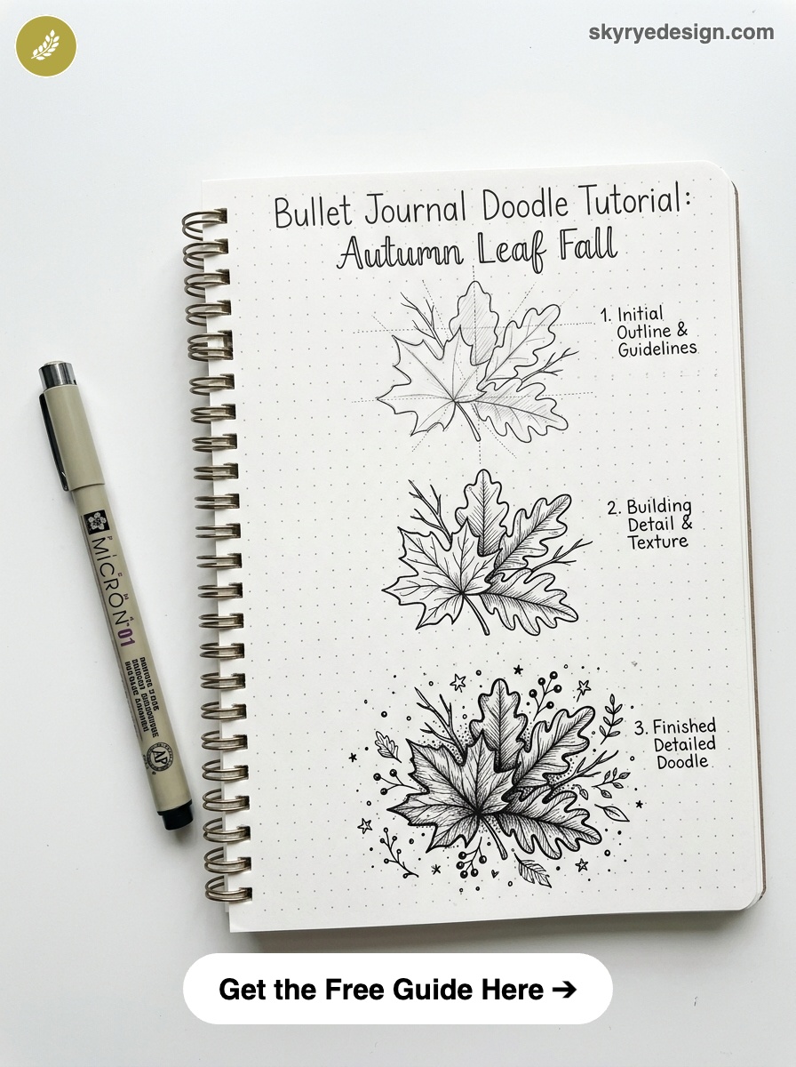 bujo-doodle-Autumn-Leaf-Fall Bullet journal doodle tutorial: autumn leaf - step-by-step pen sketches on dotted spiral notebook with Micron pen | Sky Rye Design Bullet journal doodle tutorial: autumn leaf - step-by-step pen sketches on dotted spiral notebook with Micron pen