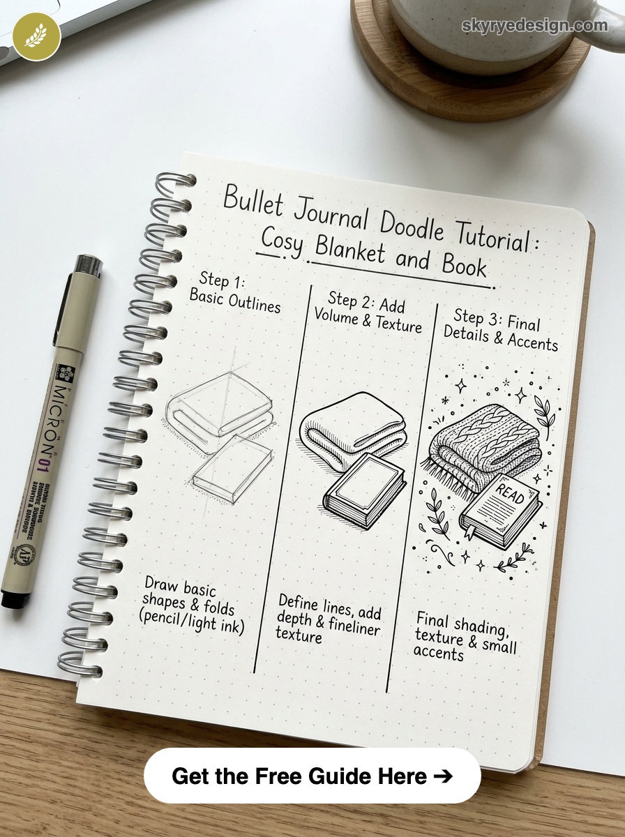 bujo-doodle-Cosy-Blanket-and-Book Bullet journal doodle tutorial: step-by-step sketches of cosy blanket and book beside pen and mug | Sky Rye Design Bullet journal doodle tutorial: step-by-step sketches of cosy blanket and book beside pen and mug
