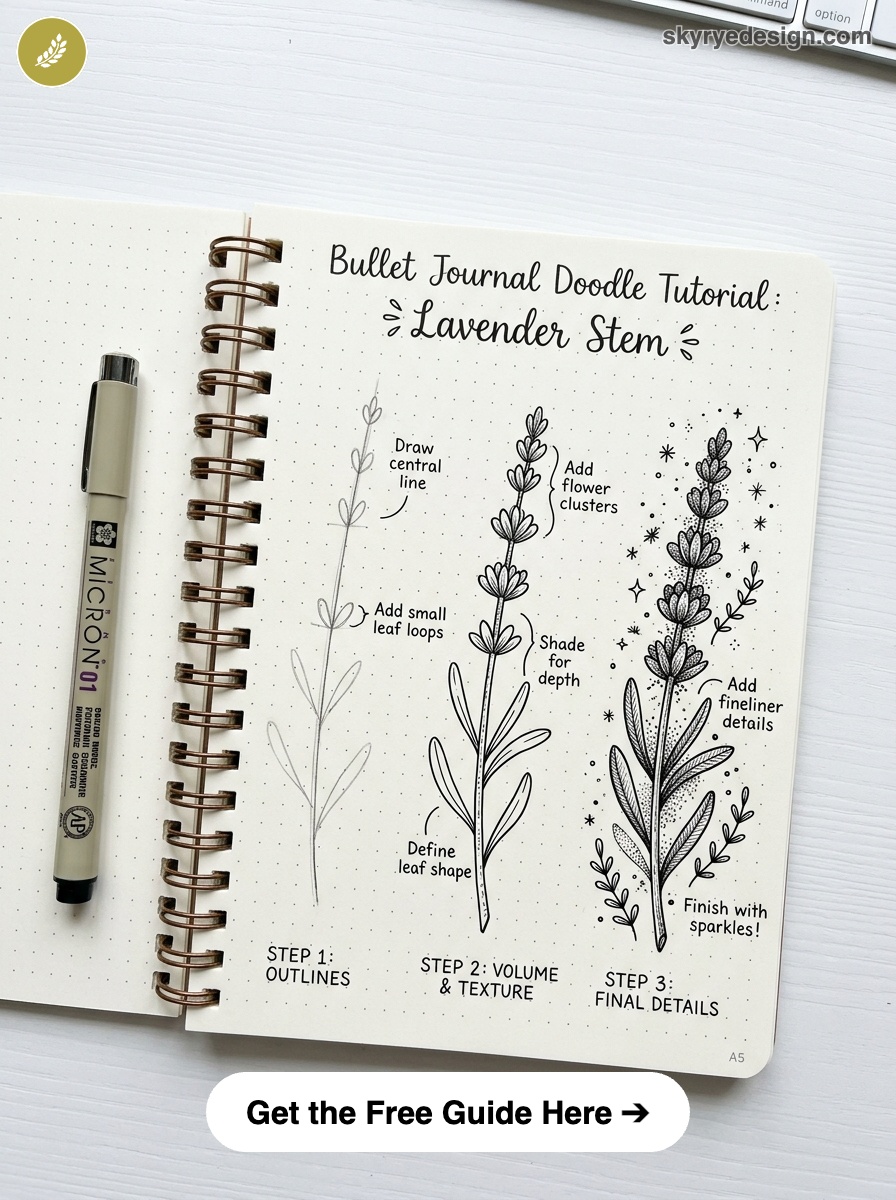 bujo-doodle-Lavender-Stem Bullet journal lavender stem doodle tutorial in dotted notebook with pen - step-by-step outlines, texture, final details | Sky Rye Design Bullet journal lavender stem doodle tutorial in dotted notebook with pen - step-by-step outlines, texture, final details