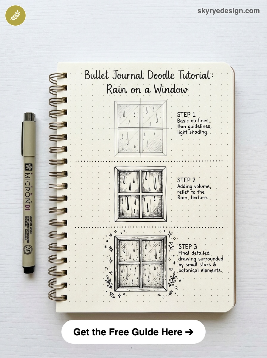 bujo-doodle-Rain-on-a-Window Bullet journal doodle tutorial: rain-on-window step-by-step sketches in dotted notebook beside Micron pen | Sky Rye Design Bullet journal doodle tutorial: rain-on-window step-by-step sketches in dotted notebook beside Micron pen