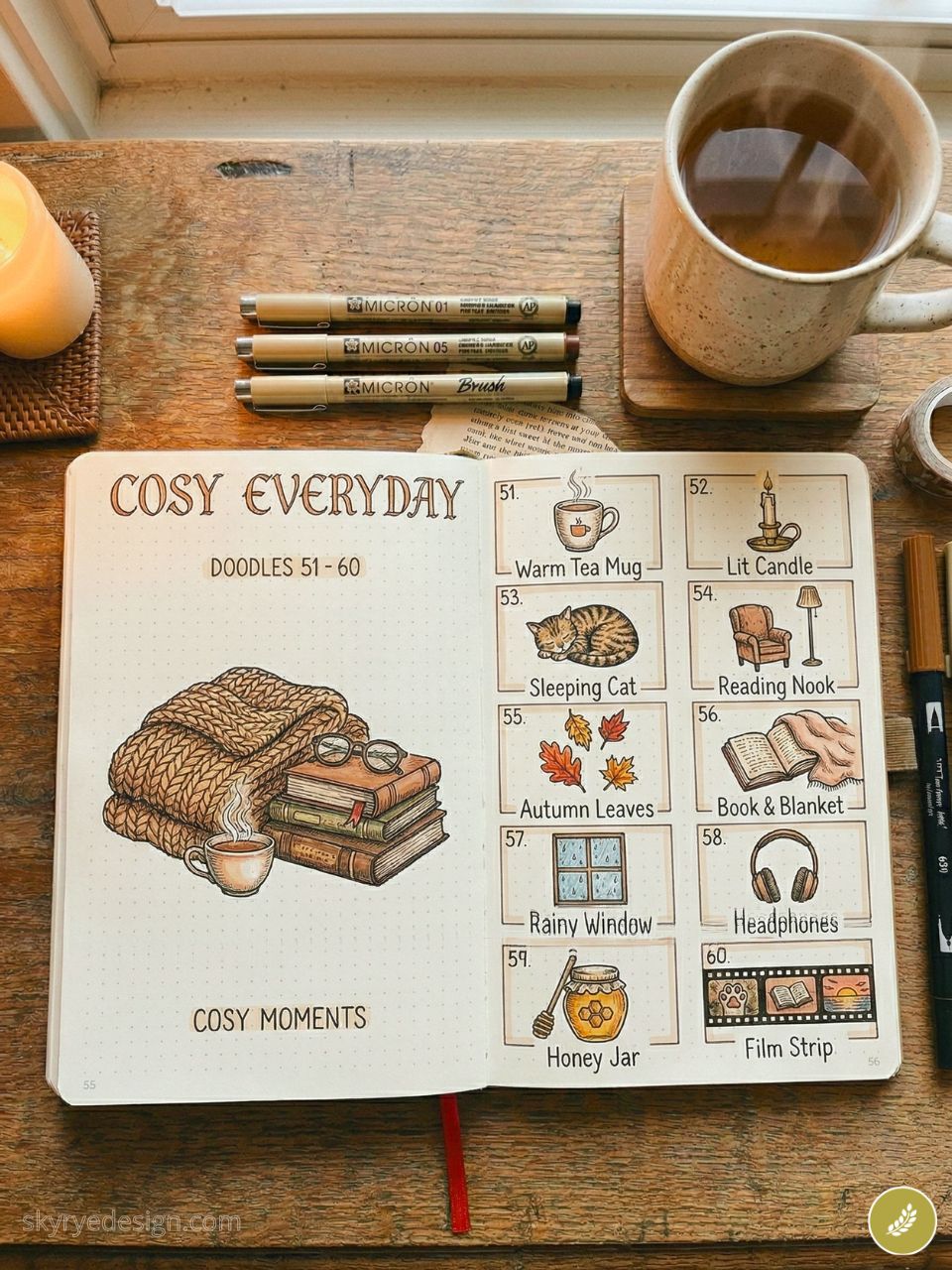 how-to-draw-additional-content-visual 88 Bullet journal 'Cosy Everyday' spread with cozy doodles: tea mug, blanket, books, cat, candle on wooden desk with pens | Sky Rye Design Bullet journal 'Cosy Everyday' spread with cozy doodles: tea mug, blanket, books, cat, candle on wooden desk with pens