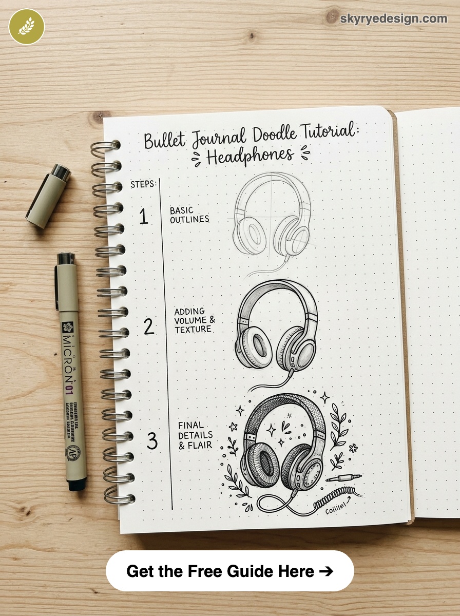 bujo-doodle-Headphones Bullet journal headphones doodle tutorial in spiral notebook showing three steps with Micron pen on wood table | Sky Rye Design Bullet journal headphones doodle tutorial in spiral notebook showing three steps with Micron pen on wood table