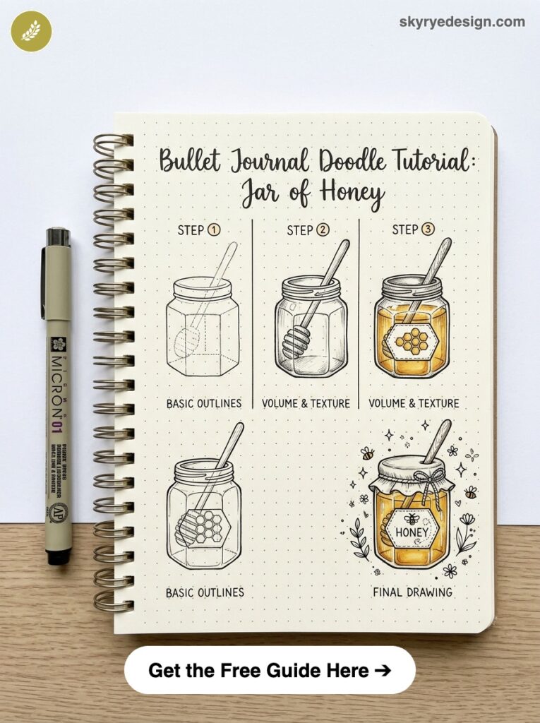bujo-doodle-Jar-of-Honey Bullet journal doodle tutorial: step-by-step jar of honey sketches and final colored honey jar with pen. | Sky Rye Design Bullet journal doodle tutorial: step-by-step jar of honey sketches and final colored honey jar with pen.