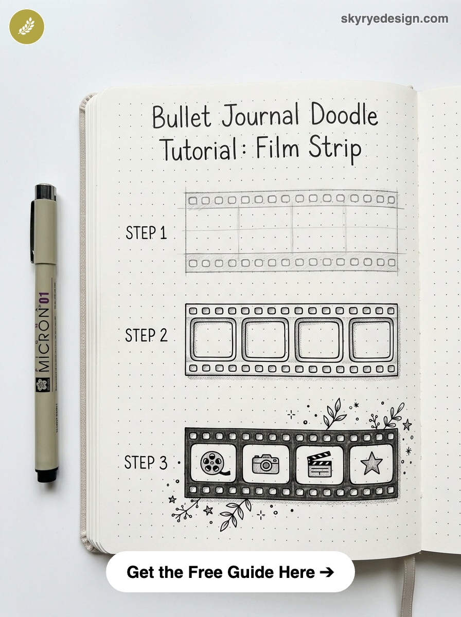 bujo-doodle-Film-Strip Bullet journal doodle tutorial showing step-by-step film strip sketches in dotted notebook with Micron pen | Sky Rye Design Bullet journal doodle tutorial showing step-by-step film strip sketches in dotted notebook with Micron pen