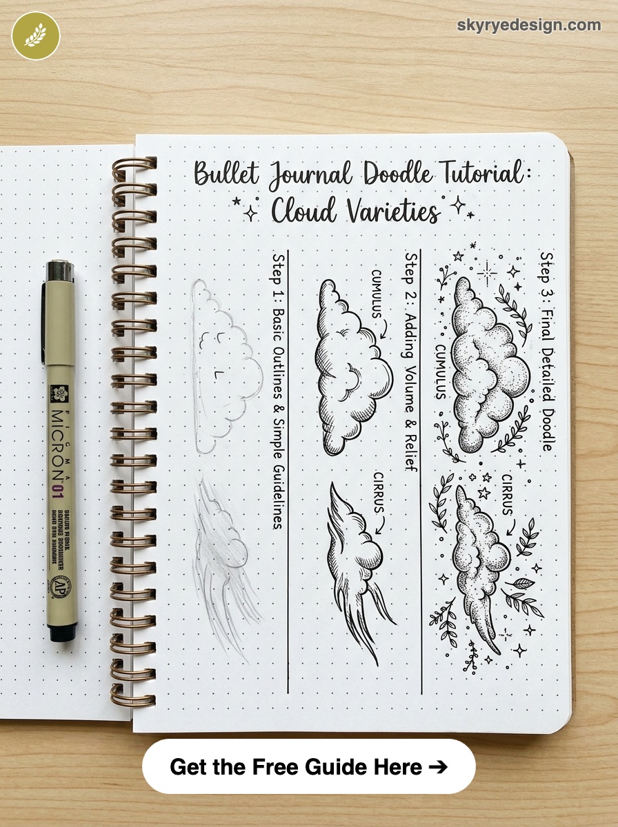 bujo-doodle-Cloud-Varieties Bullet journal cloud doodle tutorial in dotted notebook showing step-by-step cumulus and cirrus sketches with pen | Sky Rye Design Bullet journal cloud doodle tutorial in dotted notebook showing step-by-step cumulus and cirrus sketches with pen