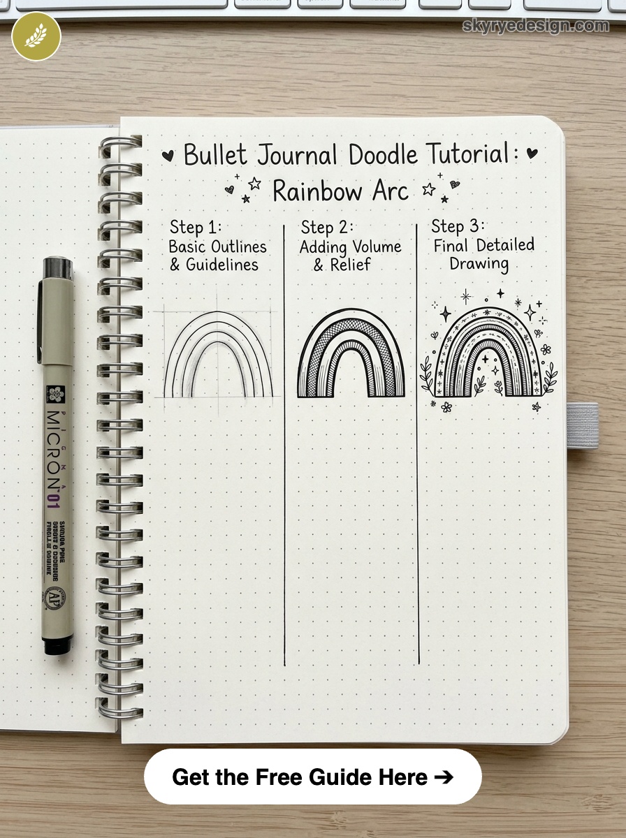 bujo-doodle-Rainbow-Arc Bullet journal rainbow arc doodle tutorial step-by-step with pen and spiral notebook — beginner-friendly guide | Sky Rye Design Bullet journal rainbow arc doodle tutorial step-by-step with pen and spiral notebook — beginner-friendly guide