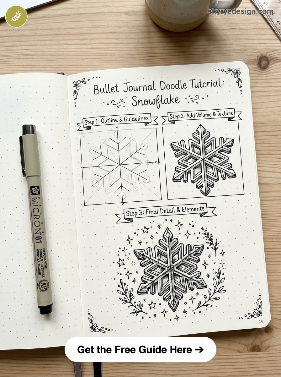 bujo-doodle-Snowflake Bullet journal snowflake doodle tutorial in dotted notebook with Micron pen, step-by-step outline, texture and final design | Sky Rye Design Bullet journal snowflake doodle tutorial in dotted notebook with Micron pen, step-by-step outline, texture and final design
