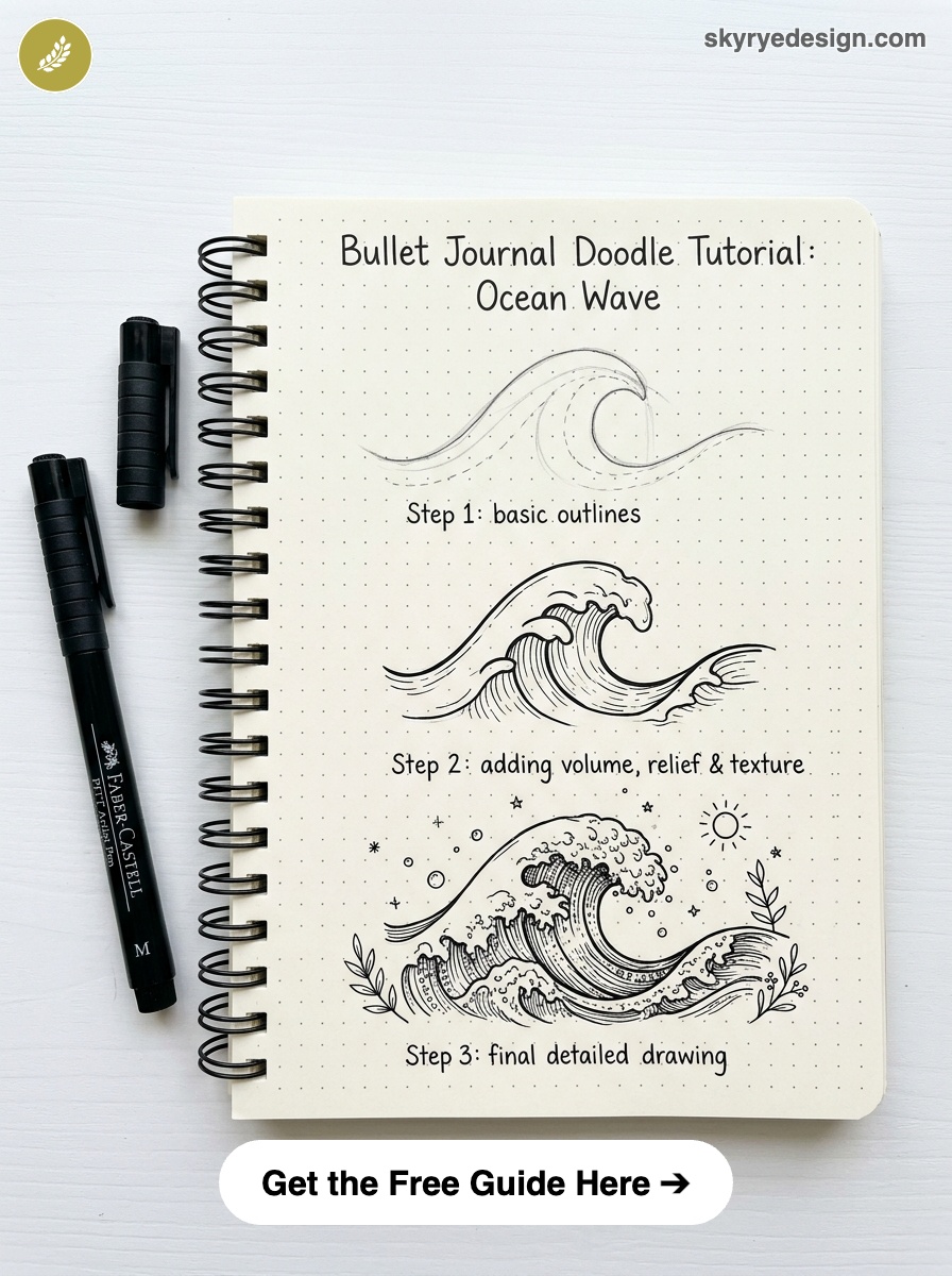 bujo-doodle-Ocean-Wave Bullet journal ocean wave doodle tutorial showing three-step sketches with pens and Get the Free Guide Here button | Sky Rye Design Bullet journal ocean wave doodle tutorial showing three-step sketches with pens and Get the Free Guide Here button