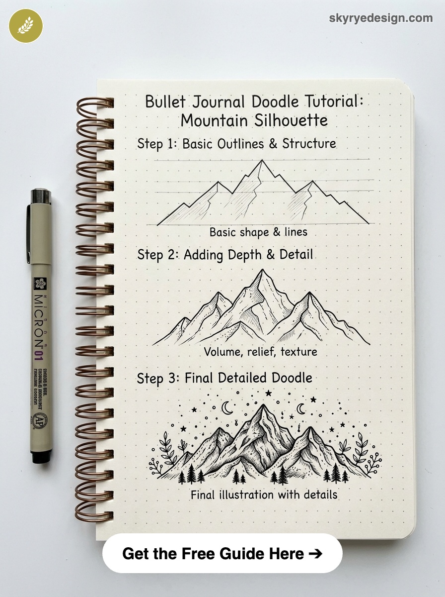 bujo-doodle-Mountain-Silhouette Bullet journal mountain doodle tutorial in dotted notebook — three steps from basic silhouette to final detailed illustration | Sky Rye Design Bullet journal mountain doodle tutorial in dotted notebook — three steps from basic silhouette to final detailed illustration