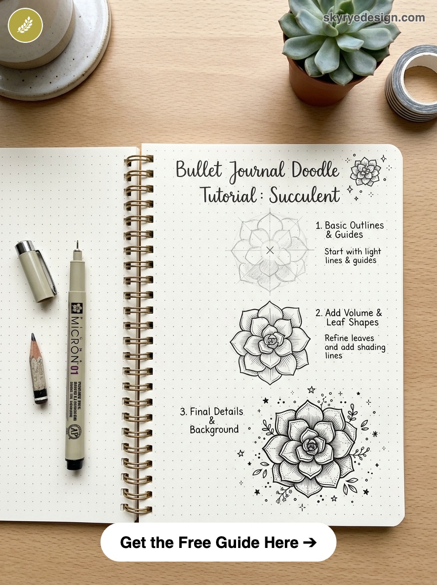 bujo-doodle-Succulent Bullet journal succulent doodle tutorial in a dotted spiral notebook with pen and live succulent plant | Sky Rye Design Bullet journal succulent doodle tutorial in a dotted spiral notebook with pen and live succulent plant
