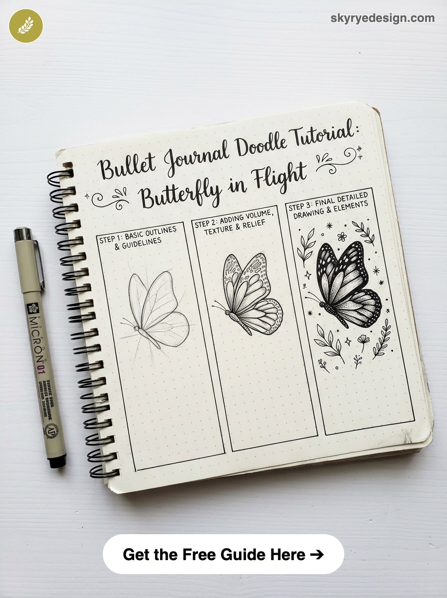 bujo-doodle-Butterfly-in-Flight Bullet journal butterfly doodle tutorial showing three-step butterfly-in-flight sketches in a spiral notebook with pen | Sky Rye Design Bullet journal butterfly doodle tutorial showing three-step butterfly-in-flight sketches in a spiral notebook with pen
