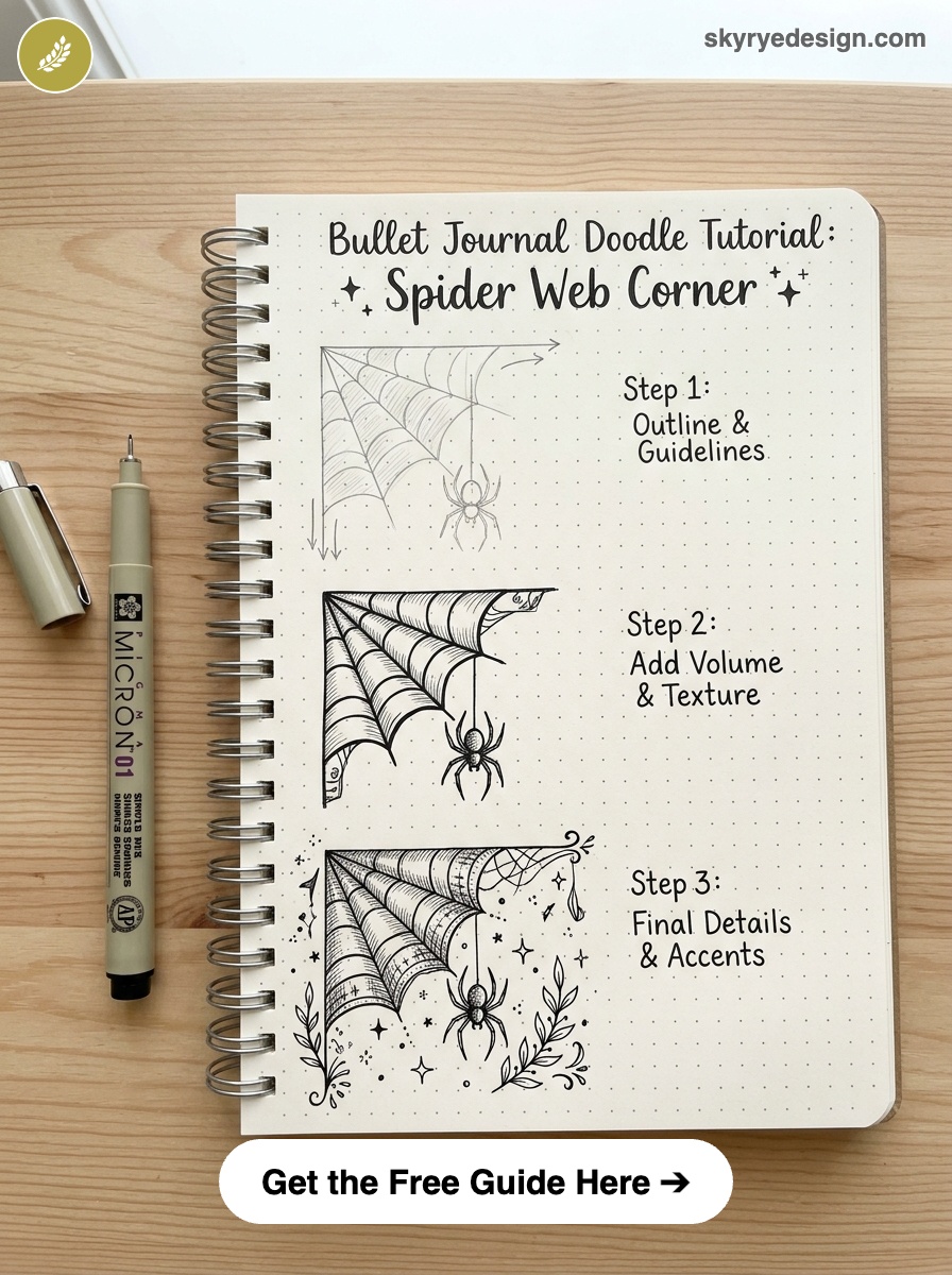 bujo-doodle-Spider-Web-Corner Bullet journal spider web corner doodle tutorial in dotted notebook showing three-step sketches with pen on wood table | Sky Rye Design Bullet journal spider web corner doodle tutorial in dotted notebook showing three-step sketches with pen on wood table