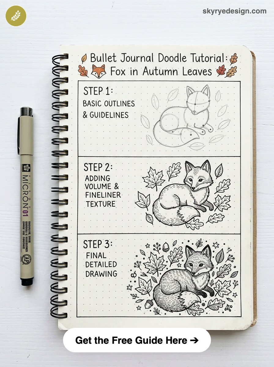 bujo-doodle-Fox-in-Autumn-Leaves Bullet journal doodle tutorial: three-step fox in autumn leaves sketches on dotted spiral notebook with pen | Sky Rye Design Bullet journal doodle tutorial: three-step fox in autumn leaves sketches on dotted spiral notebook with pen