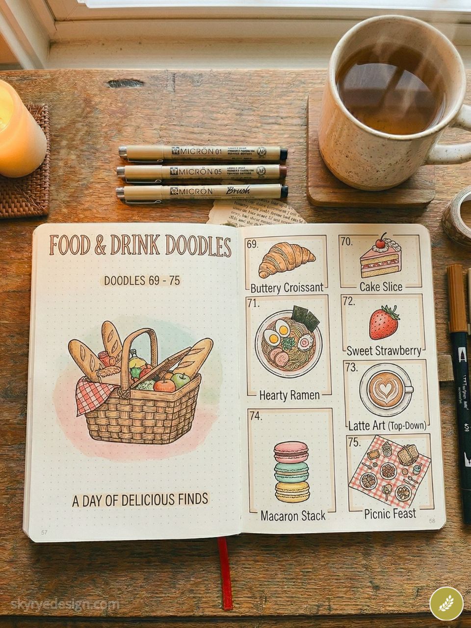 how-to-draw-additional-content-visual 89 Open bullet journal 'Food & Drink Doodles' with colored sketches (croissant, ramen, macaron, latte), pens and coffee mug | Sky Rye Design Open bullet journal 'Food & Drink Doodles' with colored sketches (croissant, ramen, macaron, latte), pens and coffee mug