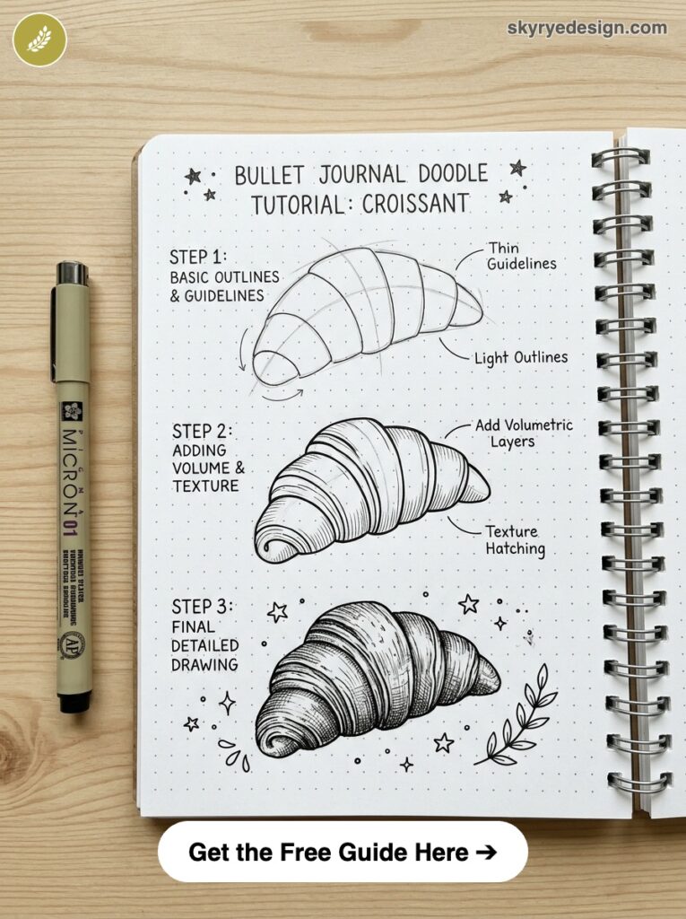 bujo-doodle-Croissant Bullet journal croissant doodle tutorial in dotted notebook showing 3 step-by-step croissant sketches and Micron pen | Sky Rye Design Bullet journal croissant doodle tutorial in dotted notebook showing 3 step-by-step croissant sketches and Micron pen