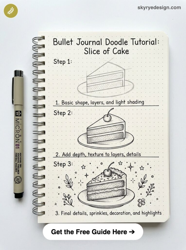 bujo-doodle-Slice-of-Cake Bullet journal doodle tutorial of a slice of cake step-by-step on dotted notebook page with pen, sketch, shading, details | Sky Rye Design Bullet journal doodle tutorial of a slice of cake step-by-step on dotted notebook page with pen, sketch, shading, details