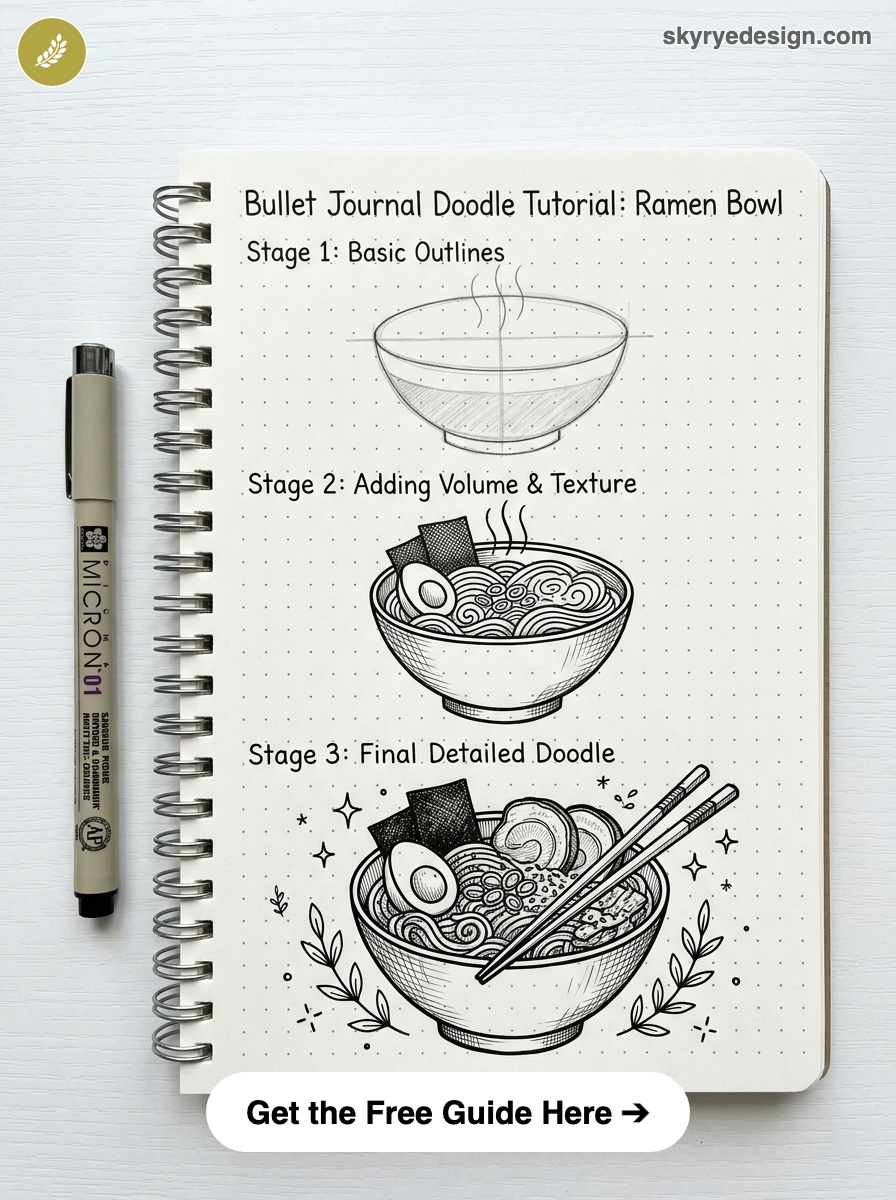 bujo-doodle-Ramen-Bowl Bullet journal ramen bowl doodle tutorial in notebook showing 3 stages from outline to detailed sketch with pen | Sky Rye Design Bullet journal ramen bowl doodle tutorial in notebook showing 3 stages from outline to detailed sketch with pen