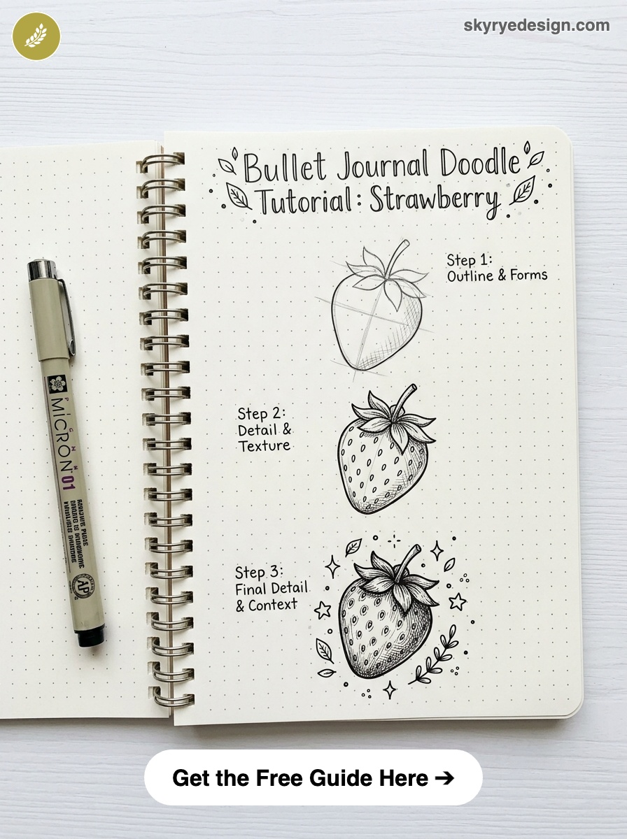 bujo-doodle-Strawberry Bullet journal strawberry doodle tutorial: 3-step sketches (outline, detail, final) on dotted notebook with pen | Sky Rye Design Bullet journal strawberry doodle tutorial: 3-step sketches (outline, detail, final) on dotted notebook with pen