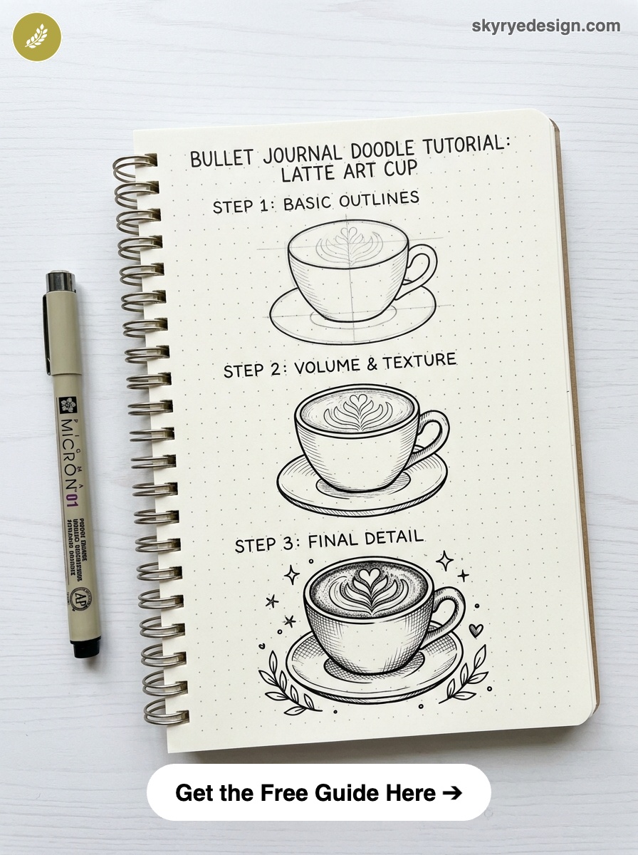 bujo-doodle-Latte-Art-Cup Bullet journal latte art tutorial: step-by-step latte cup doodle sketches in dotted spiral notebook with pen | Sky Rye Design Bullet journal latte art tutorial: step-by-step latte cup doodle sketches in dotted spiral notebook with pen