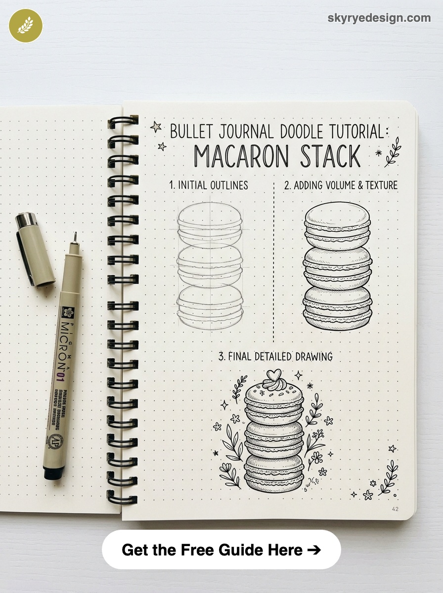 bujo-doodle-Macaron-Stack Bullet journal macaron stack doodle tutorial in dotted spiral notebook with Micron pen, step-by-step sketches | Sky Rye Design Bullet journal macaron stack doodle tutorial in dotted spiral notebook with Micron pen, step-by-step sketches