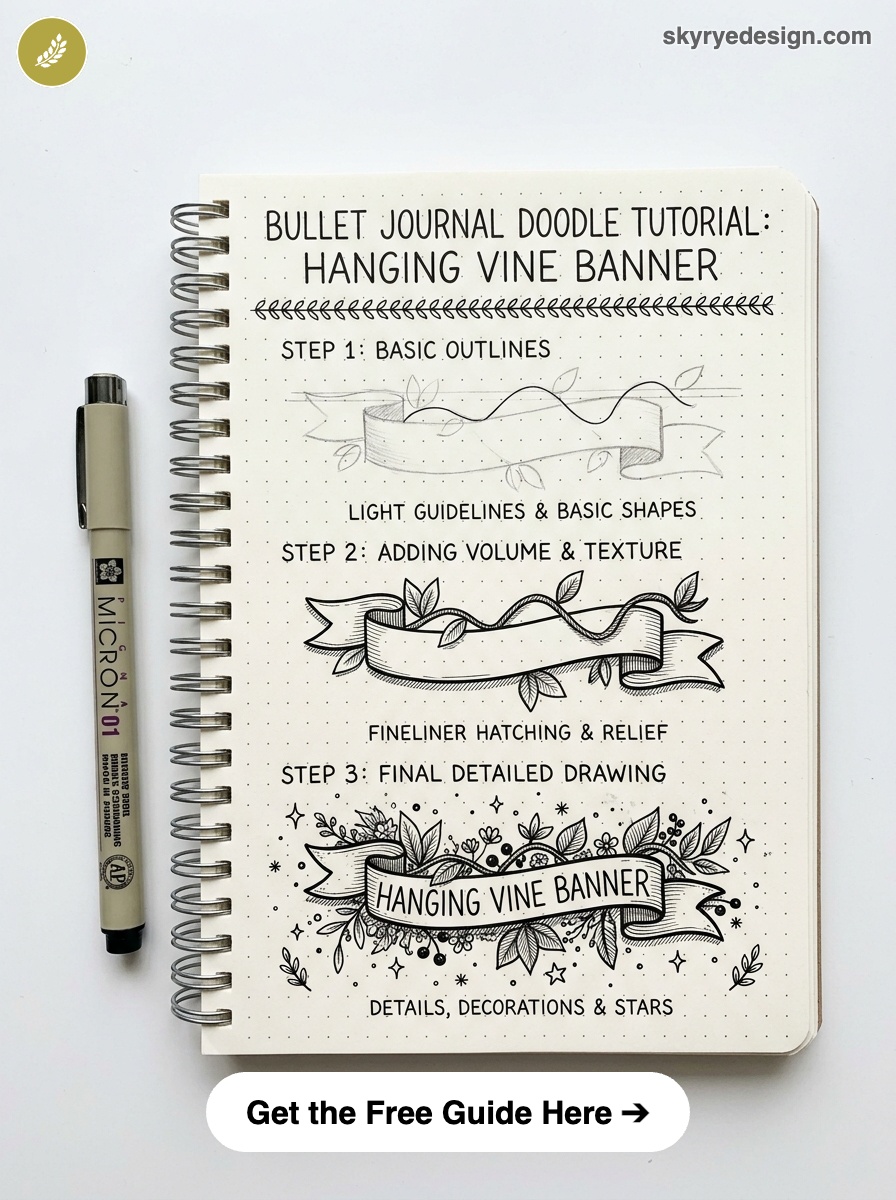 bujo-doodle-Hanging-Vine-Banner Bullet journal tutorial page showing step-by-step hanging vine banner doodles, Micron pen on dotted notebook | Sky Rye Design Bullet journal tutorial page showing step-by-step hanging vine banner doodles, Micron pen on dotted notebook