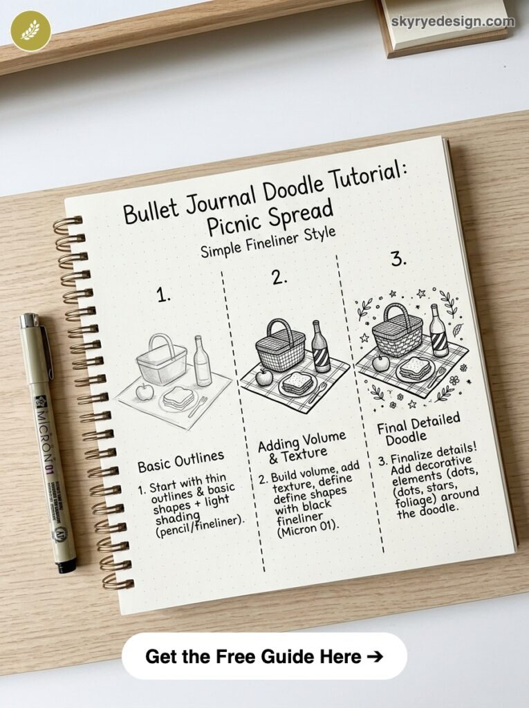 bujo-doodle-Picnic-Spread Bullet journal picnic spread tutorial: three-step fineliner doodles of basket, wine bottle, sandwich and pen | Sky Rye Design Bullet journal picnic spread tutorial: three-step fineliner doodles of basket, wine bottle, sandwich and pen