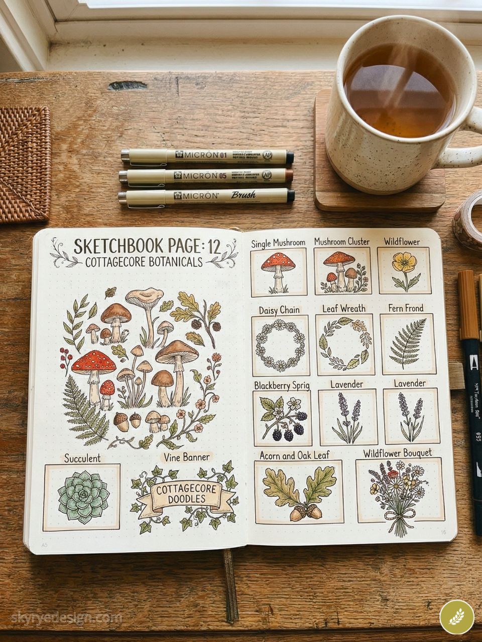 how-to-draw-additional-content-visual 85 Cottagecore bullet journal sketchbook with botanical doodles, mushroom illustrations, pens and a mug of tea | Sky Rye Design Cottagecore bullet journal sketchbook with botanical doodles, mushroom illustrations, pens and a mug of tea